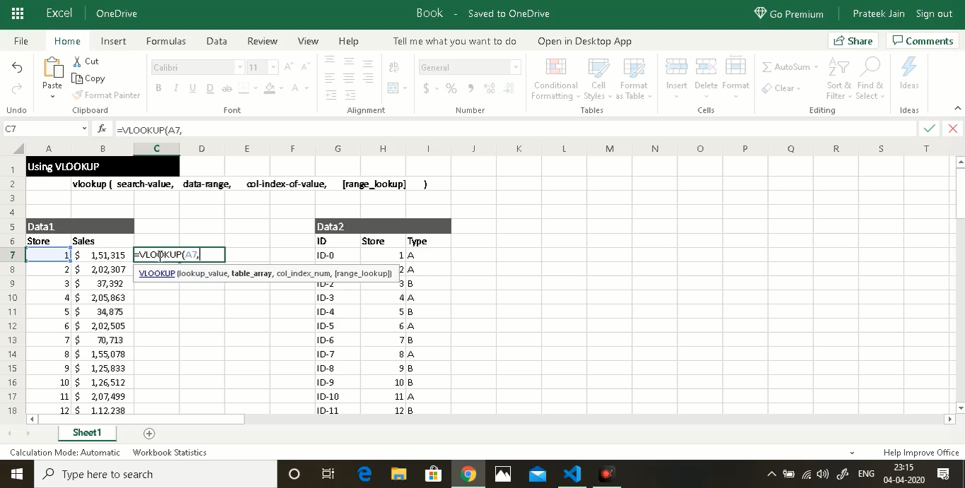 Applying Vlookup in Excel
